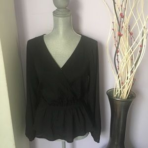 Leith Black Faux Wrap Peplum Floral Blouse